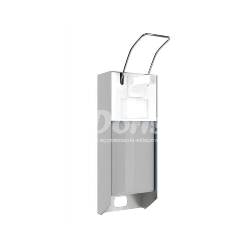 Metalowy dozownik plynów dezynfekcyjnych ze zbiornikiem o pojemnosci 1000 ml i przyciskiem lokciowym [D10/MER]